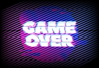 Aufkleber - Glitch effect for game over page. Abstract vector background with blue and purple neon glitched diagonal stripes and round colorful shapes. Vintage poster with digital noise distortion lines