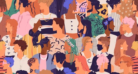 Fototapete - Seamless pattern of diverse modern people. Human crowd with different multiracial men and women. Endless repeatable texture with international society. Colored flat vector illustration