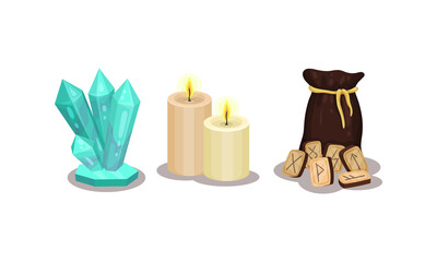 Fortune Telling Objects with Rune and Candles Vector Set