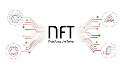 Wall Mural - nft non fungible tokens infographics with different tokens and pcb tracks isolated on white. pay for