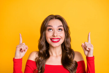 Canvas Print - photo portrait of pretty model pointing up blank space dreaming smiling isolated on vibrant yellow c