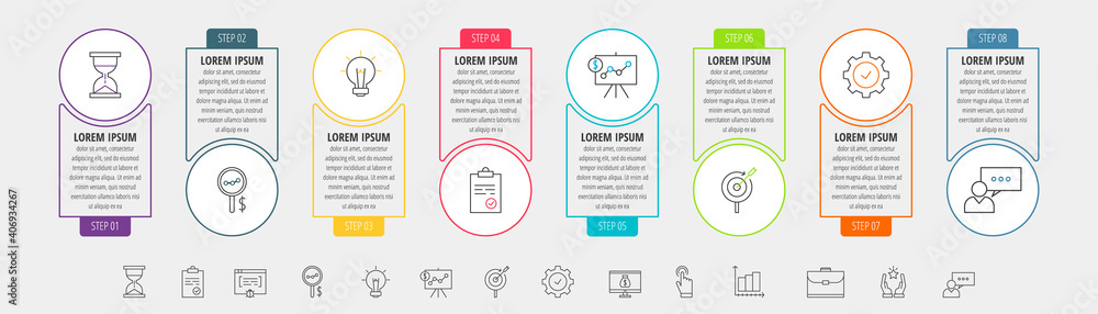 Circles vector line infographic with 8 step, icons. Timeline used for ...