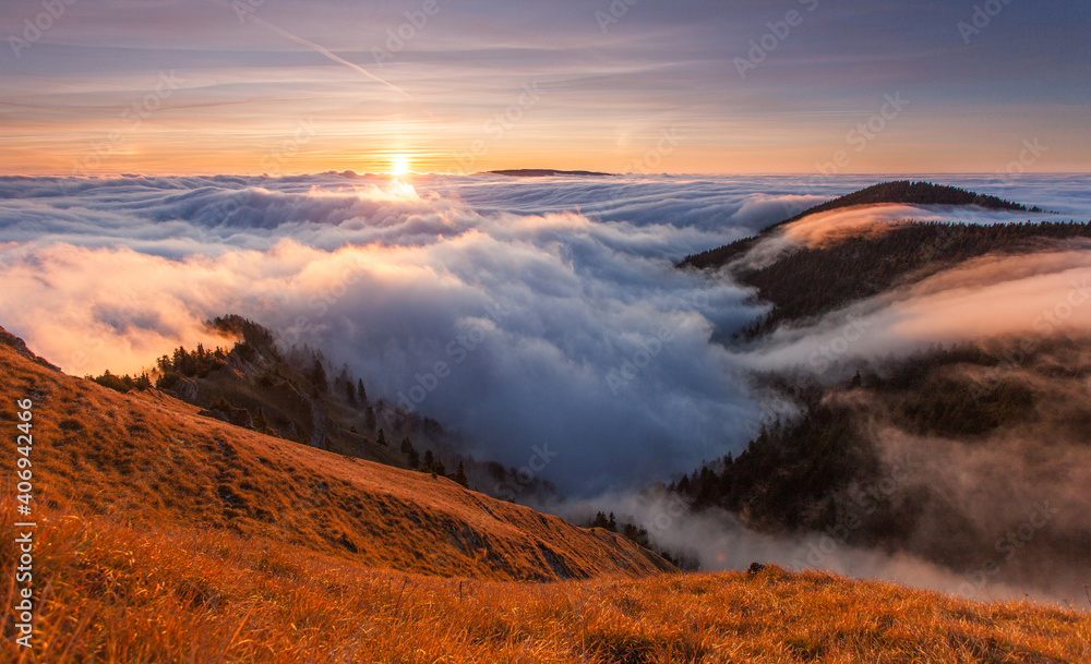 Mountains Landscape with Inversion in the Valley at Sunset, Slovakia - obrazy, fototapety, plakaty 