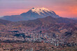 Panorama of the city of La Paz with mountain of Illimani on the background. Bolivia