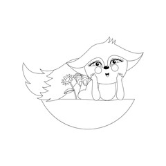 Wall Mural - Isolated black outline cartoon friendly fox cub on white background. Happy friendly fox lie on glade and dream. Curve lines. Page of coloring book.