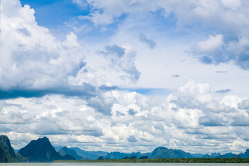 Beautiful landscape with islands in the Adaman Sea with azure water and sky with clouds. Thailand