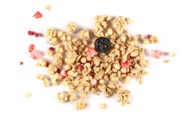 Red fruits cereal mix, fruity and crunchy muesli with dried raspberry, strawberry, cherry chunks isolated on white background , top view