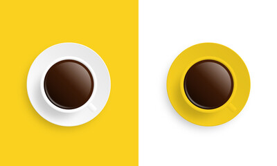 Two cups of coffee with opposite colors between them but also from the background. White and Yellow colours.