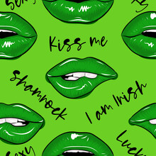 St Patrick's Day Pattern With Sexy Green Lips. Irish Leprechaun Shenanigans Lucky Charm Clover Funny Quote. Kiss Me, I Am Irish. Colorful Print For Poster, Card, Textiles, Wallpaper, Backgrounds.
