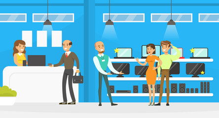 Poster - People Choosing and Buying Electronics and Household Appliances at Shopping Mall, Shop Assistants Helping Them, Modern Electronics Store or Shop Interior Vector Illustration