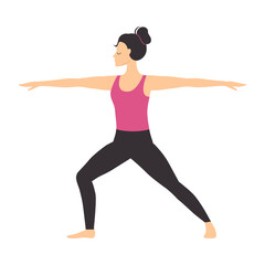 Sticker - Girl Doing Yoga Exercise, Slim Sporty Young Woman Practicing Warrior Pose Yoga Pose Flat Style Vector Illustration