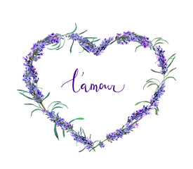 Wall Mural - Floral wreath - heart shape with lavender flowers, french text L'amour . Watercolor for Valentine day, wedding