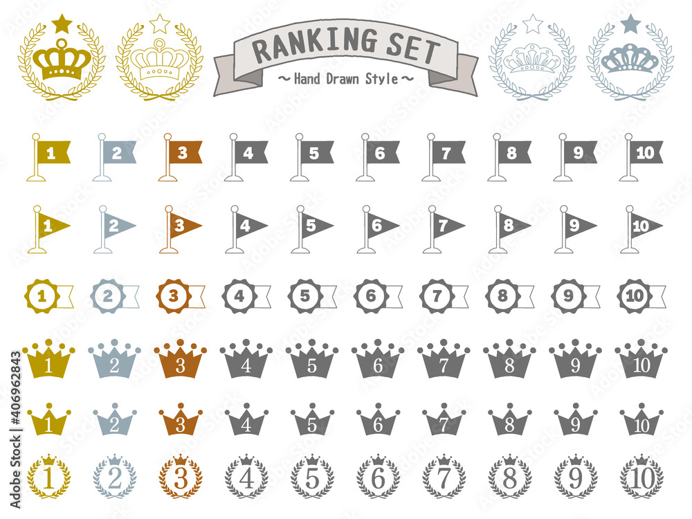 Fotomural サインペン風手描きのランキング素材セット 塗りがある旗とメダルと王冠と月桂冠 Ref