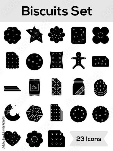Set of Biscuits And Cookies Icon In Glyph Style. © Abdul Qaiyoom