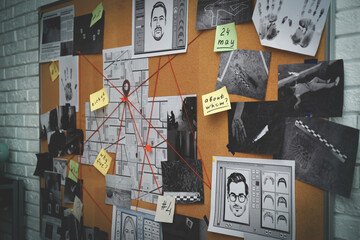 Sticker - Detective board with stickers, photos, map and clues connected by red string on white brick wall