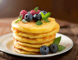 Canvas Print - Stack of pancakes with fresh berries, close-up.