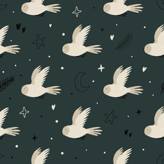 Wall Mural - Seamless pattern with cute flying owls and hand drawn decorative elements