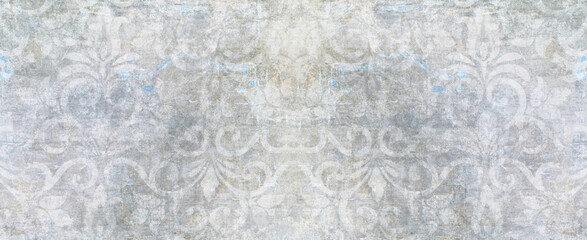 Old gray grey blue white rusty vintage worn shabby patchwork motif tiles stone concrete cement wall texture background banner panorama