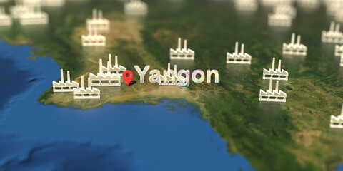 Wall Mural - Factory icons near Yangon city on the map, industrial production related 3D rendering
