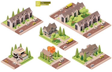 Vector isometric buildings and street elements set. Suburban and village houses, homes. Isometric city or town map construction elements