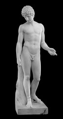 Poster - Ancient white marble full length sculpture of naked young man. Antique classic statue of youngster isolated on black. Stone figure of teenager