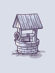 Vintage water well vector illustration in aged woodcut style