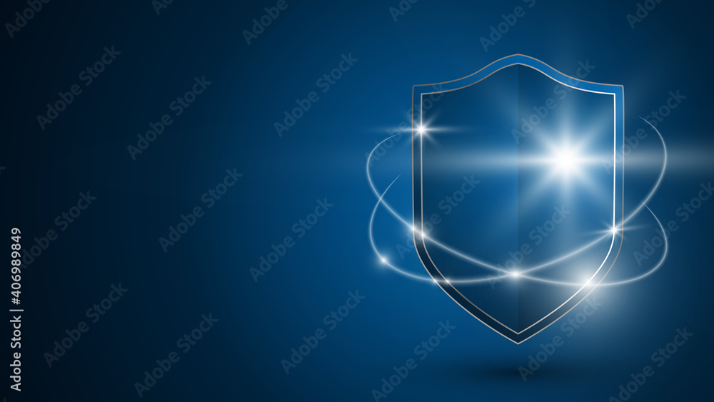 Glowing shield on a dark blue background. Concept of data protection ...