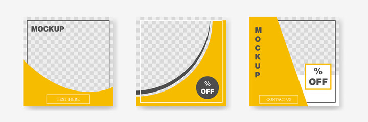 Square banner mockup. Yellow transparent social media frame. Square template poster. Editable banner mockup in black and yellow. Concept layout for social media. Vector illustration. EPS 10.