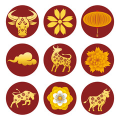 Canvas Print - bundle of nine chinese new year 2021 golden set icons