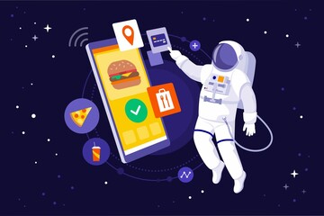 astronaut ordering fast food in outer space