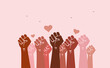 Multiracial crowd of human hands and fists raised in the air with love symbols - women's day celebration, solidarity, diversity and inclusion concept