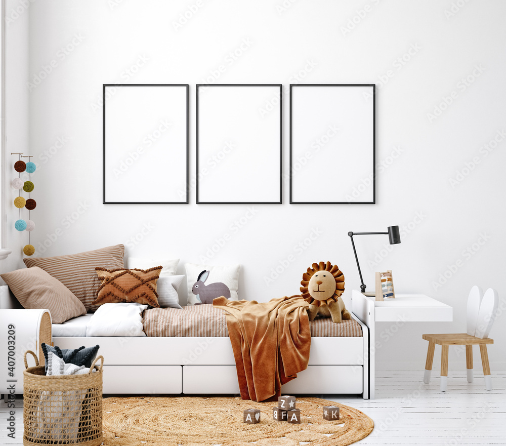 Mock up frame in white cozy children room interior background, Scandinavian style, 3D render - obrazy, fototapety, plakaty 