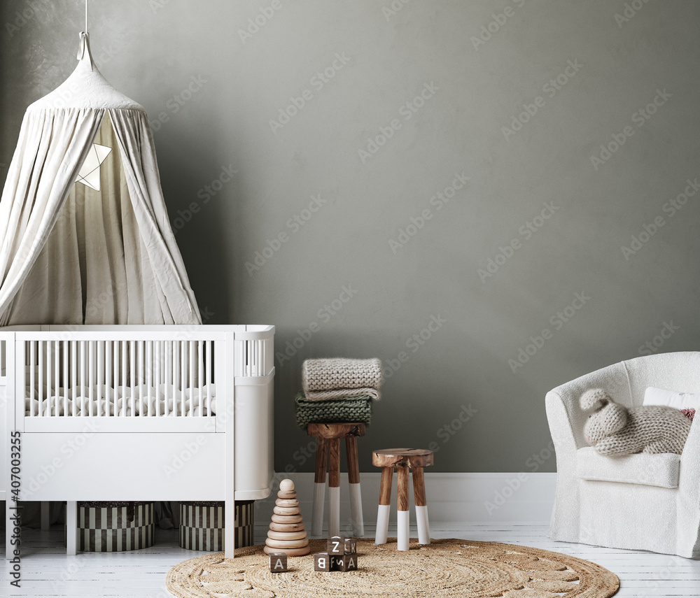 Cozy nursery interior background, Scandinavian style, 3D render - obrazy, fototapety, plakaty 