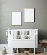 Mock Up Frame In Cozy Nursery Interior Background, Scandinavian Style, 3D Render