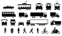 Road Transport And Transportation Icons. Vector Cliparts Of Walking Man, Bicycle, Motorbike, Motorist Driving Car, Lorry, Van On More. Set Of Vector Illustrations Isolated On White Background