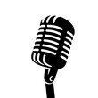 Black Retro vintage microphone on white background logo. Mic silhouette sign. Music, voice, record icon. Recording studio symbol. Flat stye vector illustration