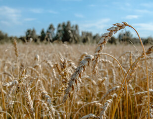 Golden wheat field. Harvest. Background of ripening ears of wheat field. Selective focus.