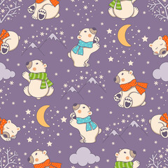 Wall Mural - Seamless pattern with snowflakes, clouds, moon and cute polar bears. Vector illustration.