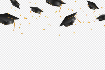 Graduate caps and confetti on a transparent background