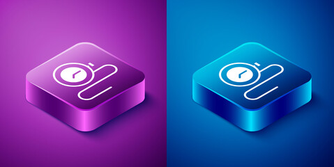 Poster - Isometric Watch with a chain icon isolated on blue and purple background. Square button. Vector.