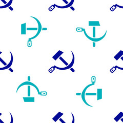 Sticker - Blue Hammer and sickle USSR icon isolated seamless pattern on white background. Symbol Soviet Union. Vector.