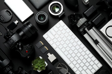 Wall Mural - flat lay composition with camera, video production equipment and computer keyboard on black backgrou