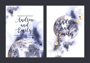 Wedding invitation cards template with hand drawn moon and abstract watercolor background 