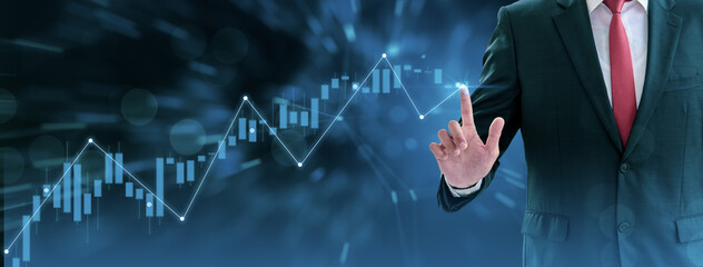 Businessman using finger touch symbol stock graph and chart background,concept growth and development business investment,Stock market and strategy making market plan and stock market fluctuations