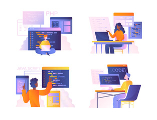 Wall Mural - set of diverse programmers or coders working on web development on computers. concept of script codi