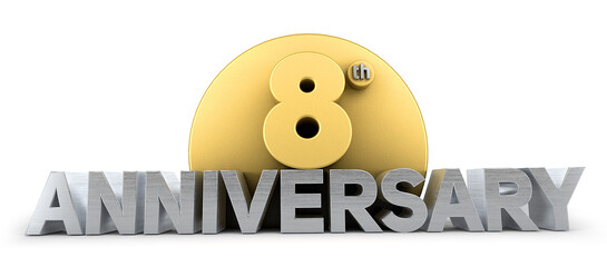 8th anniversary celebration logo in golden and silver color isolated on white background. Eight years anniversary logo. 3d illustration.	