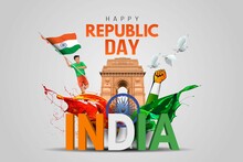 Indian Republic Day Celebrations With 26th January India 3d Text And Ashoka Wheel, Try Color Hand, Man Running With Indian Flag, India Gate. Vector Illustration Design 
