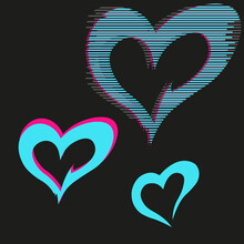 Vector Glitch Effect Set Of Three Different Hearts, Turquoise Or Blue Color, Stylization, On A Black Background