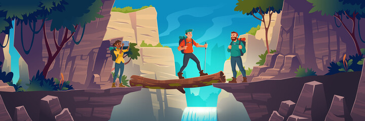 Wall Mural - Tourists cross log bridge between mountains above cliff in rock peaks landscape with waterfall and trees background. Girl make picture of beautiful scenery nature view, Cartoon vector illustration