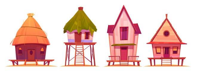 Summer stilt houses, bungalows on sea beach isolated on white background. Vector cartoon set of vintage villas for vacation and resort on exotic island in ocean. Small huts with straw roof on pier